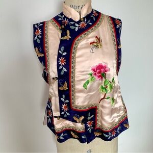 Vintage Chinese Embroidered Silk Satin Waistcoat Top